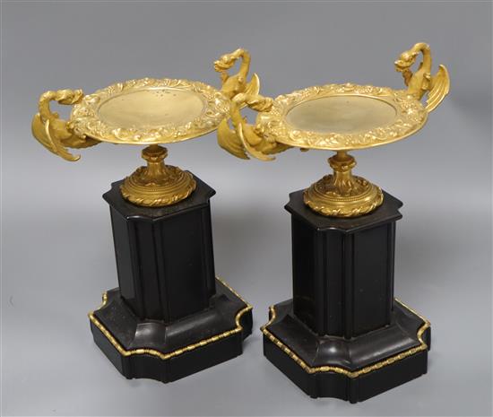 A pair of Victorian black slate and gilt metal side ornaments height 29cm